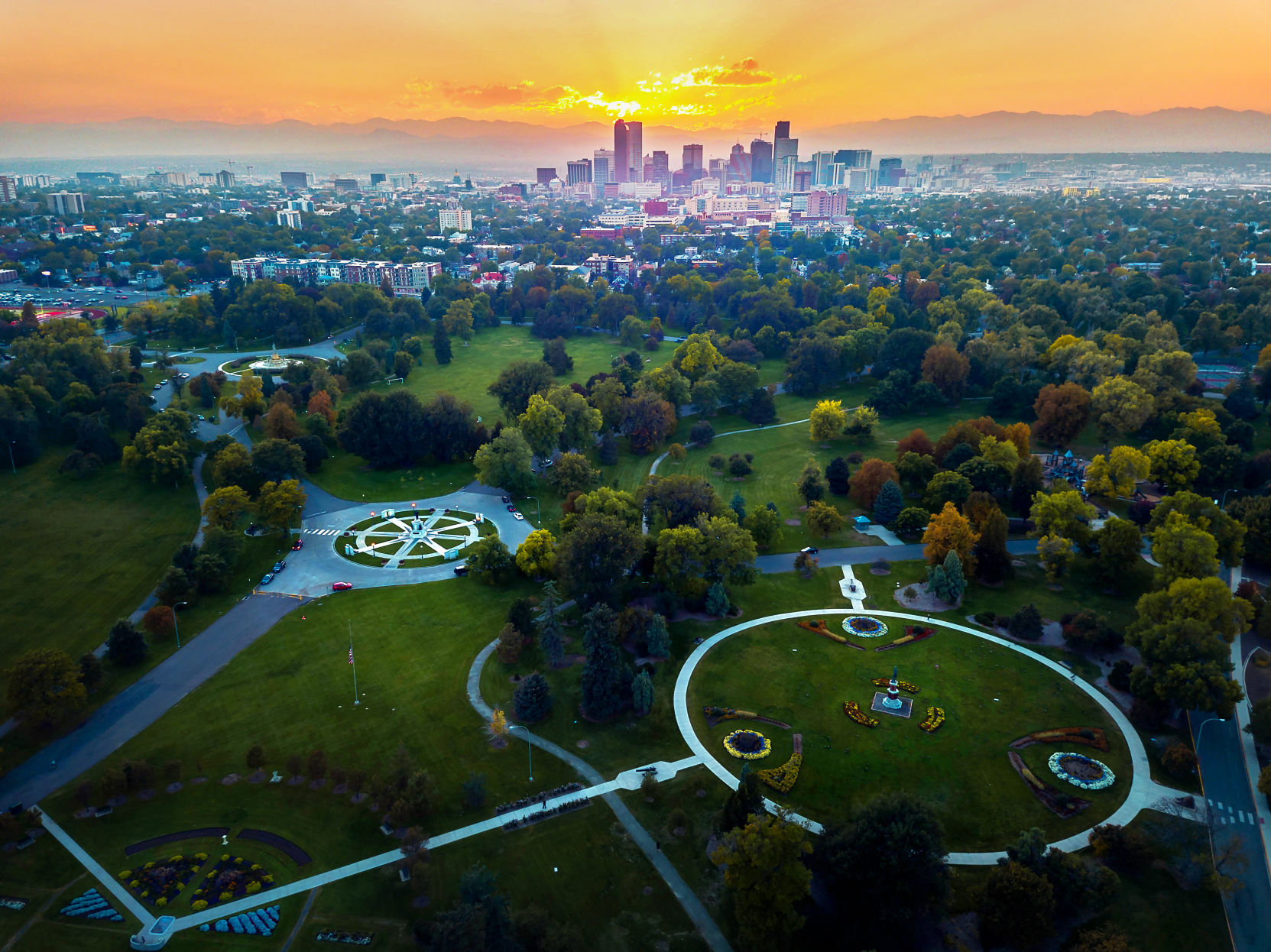 Aerial photo of Denver skyline at sunset